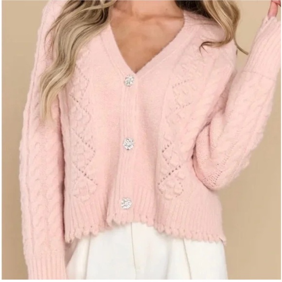 See And Be Seen Pink V-Neck Wool Blend Cable Knit Cardigan Small/Medium NWT - Picture 3 of 15